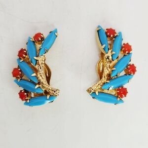 Vtg 50s Turquoise Blue & Coral Navette Rhinestone Clip Earrings Climber Branch